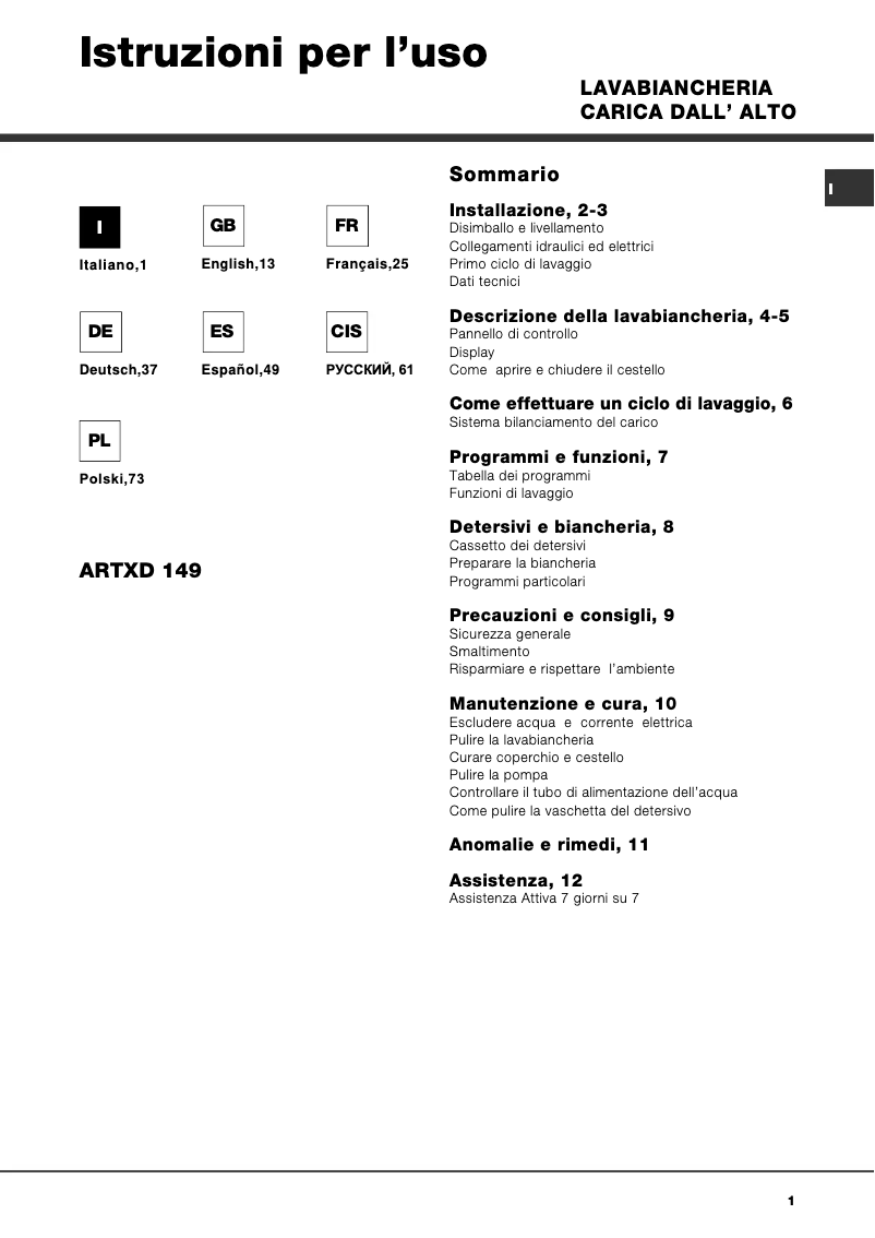 Image de la première page du manuel de l'appareil ARTXD 149 EU