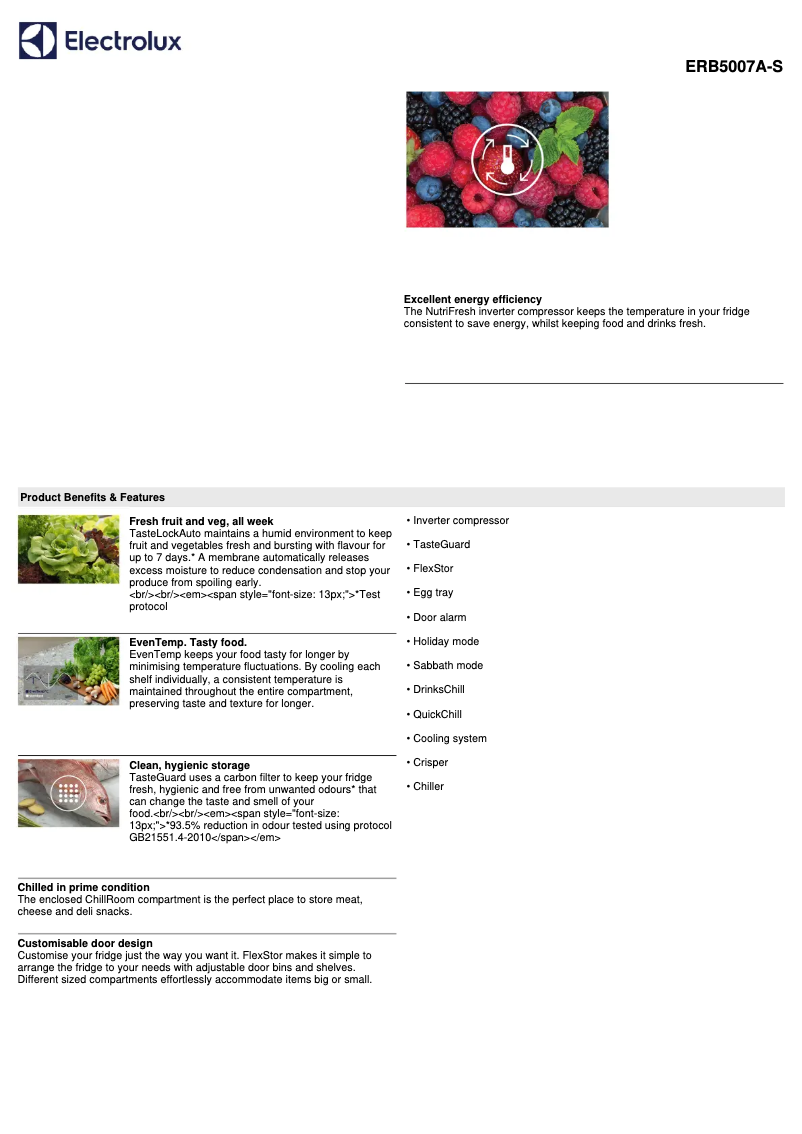 Page 1 de la notice Fiche technique Electrolux ERB5007A
