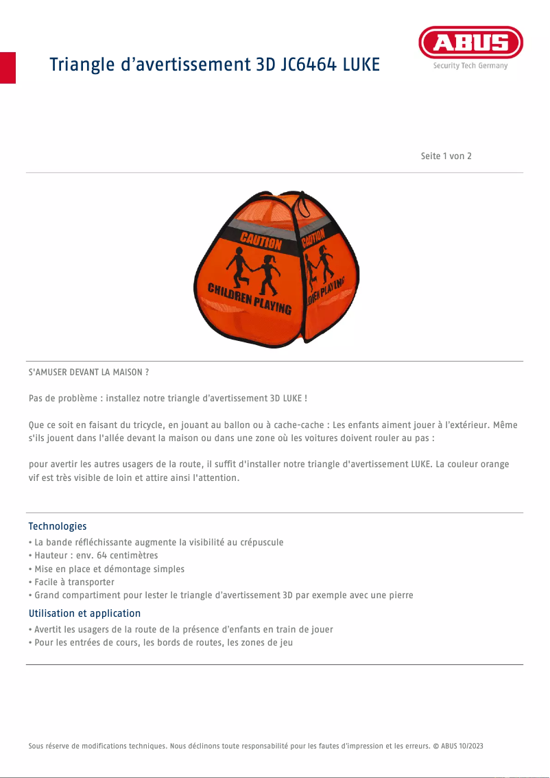 Page n°1 - Fiche technique Abus JC6464 LUKE