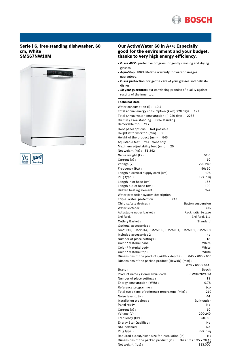 Page 1 de la notice Fiche technique Bosch SMS67NW10M