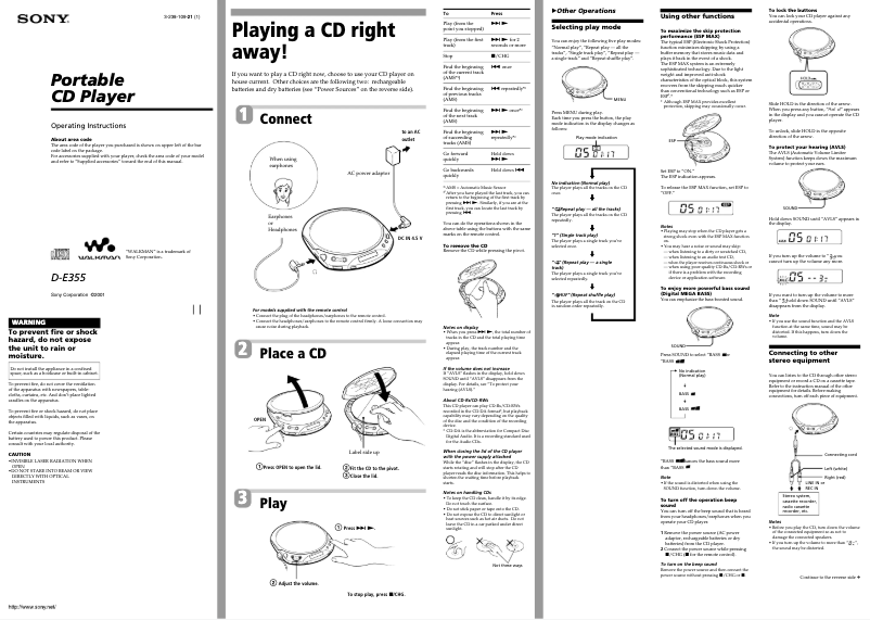 Page 1 de la notice Manuel utilisateur Sony D-E355