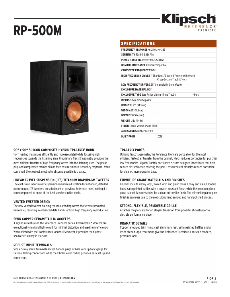 Page 1 de la notice Fiche technique Klipsch Reference Premiere RP-500M
