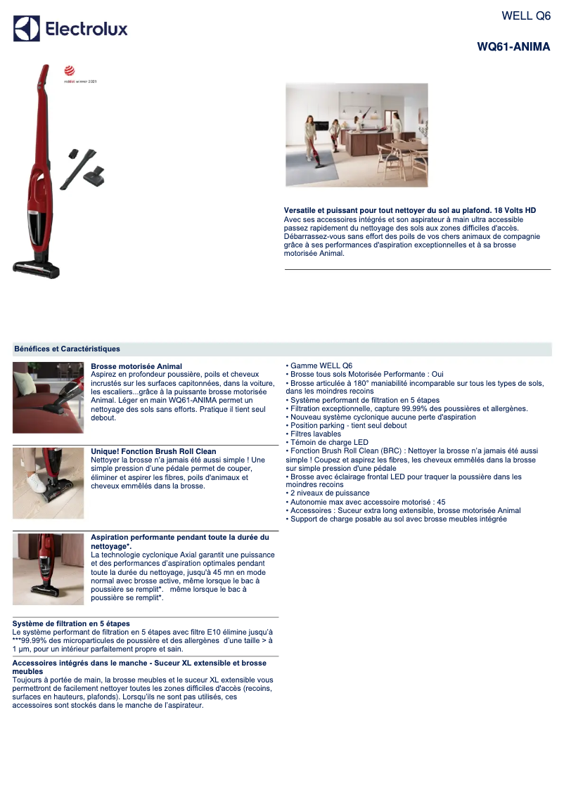 Page 1 de la notice Fiche technique Electrolux Well Q6