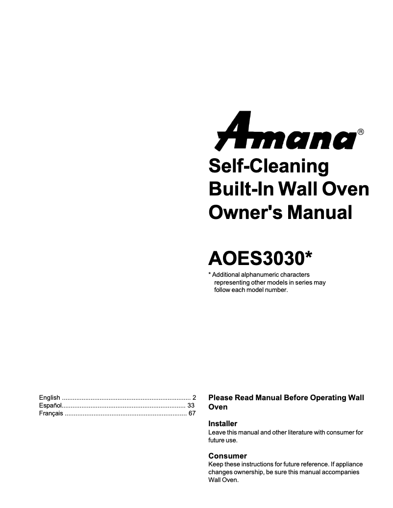 Page 1 de la notice Manuel utilisateur Amana AOES3030E