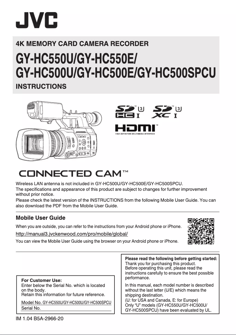 Page n°1 - Manuel utilisateur JVC GY-HC500E