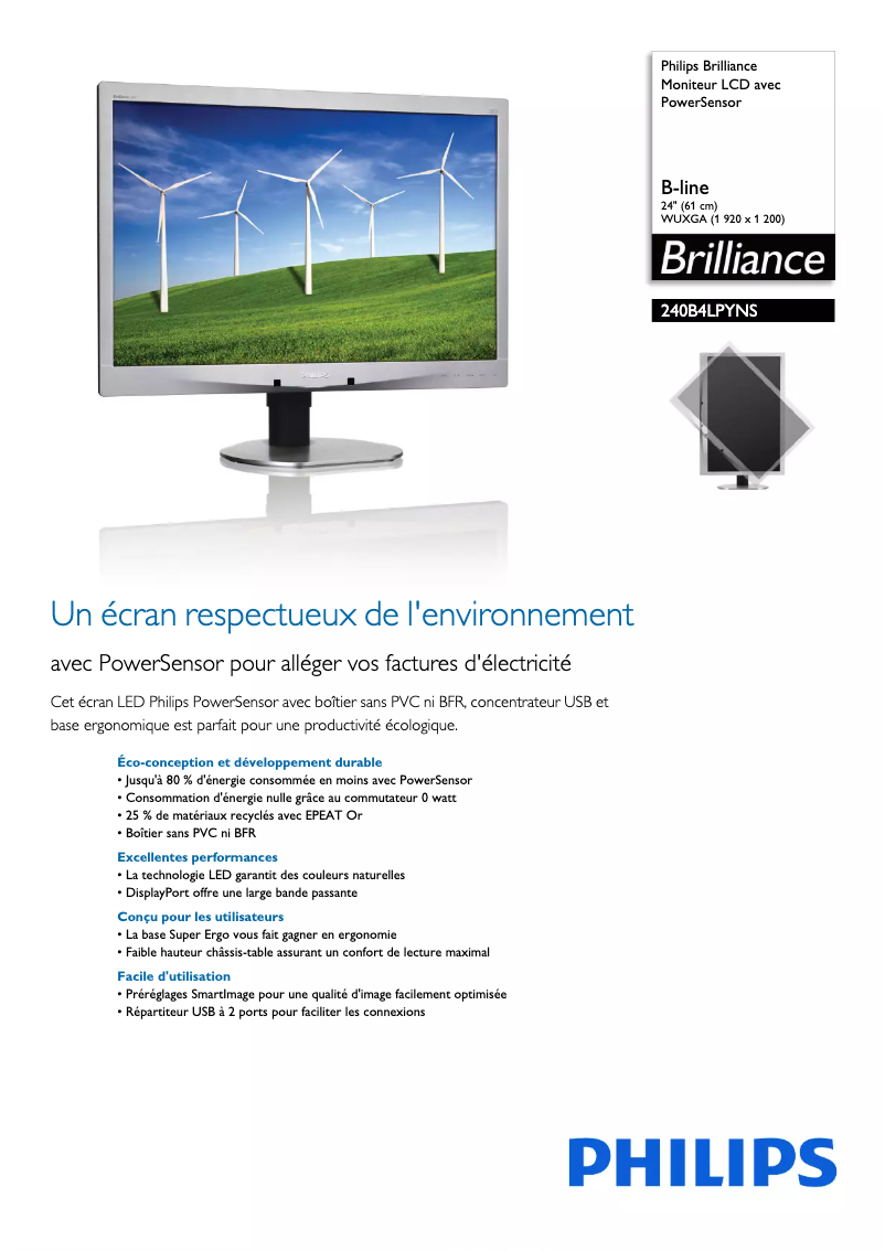 Page 1 de la notice Fiche technique Philips Brilliance 240B4LPYNS