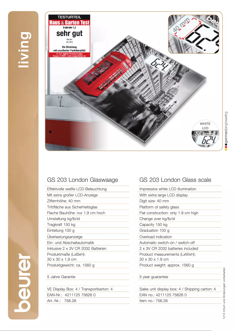 Page 1 de la notice Fiche technique Beurer GS 203