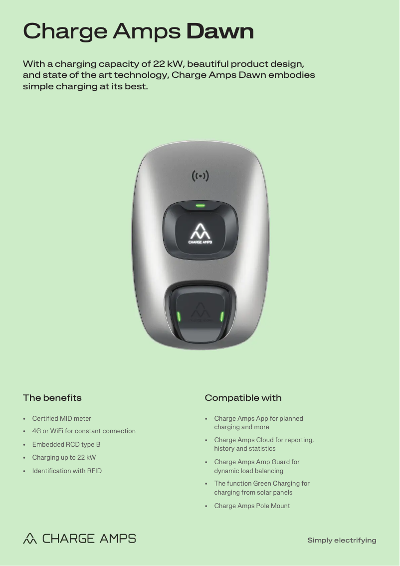 Page 1 de la notice Fiche technique Charge Amps Dawn