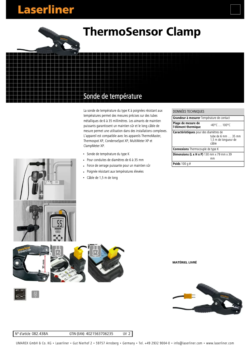 Page 1 de la notice Fiche technique Laserliner ThermoSensor Clamp