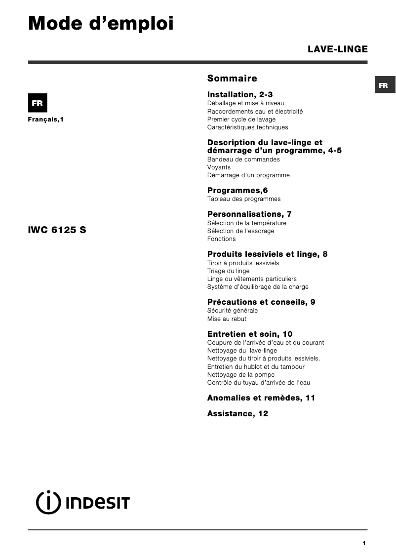 Page n°1 - Manuel utilisateur Indesit IWC 6125