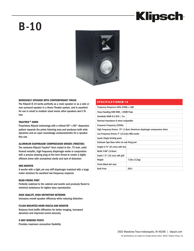Page 1 de la notice Fiche technique Klipsch B-10