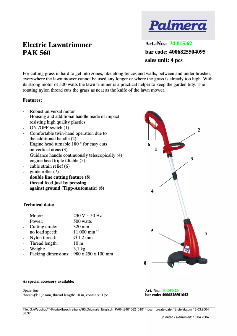 Página 1 del manual Ficha técnica Palmera PAK 560