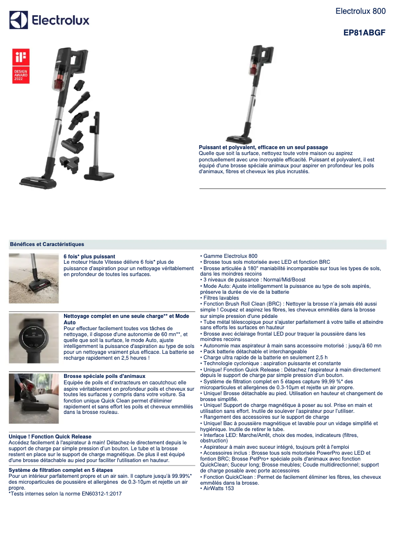 Page 1 de la notice Fiche technique Electrolux EP81ABGF