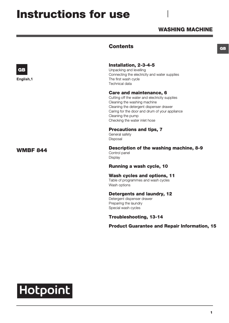 Page 1 de la notice Manuel utilisateur Hotpoint WMBF 844G UK