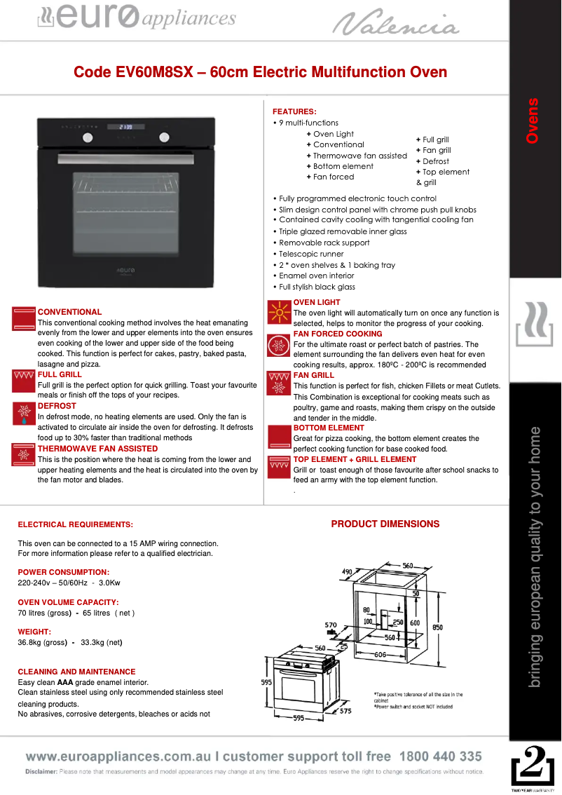 Page 1 de la notice Fiche technique Euro Appliances EV60M8SX