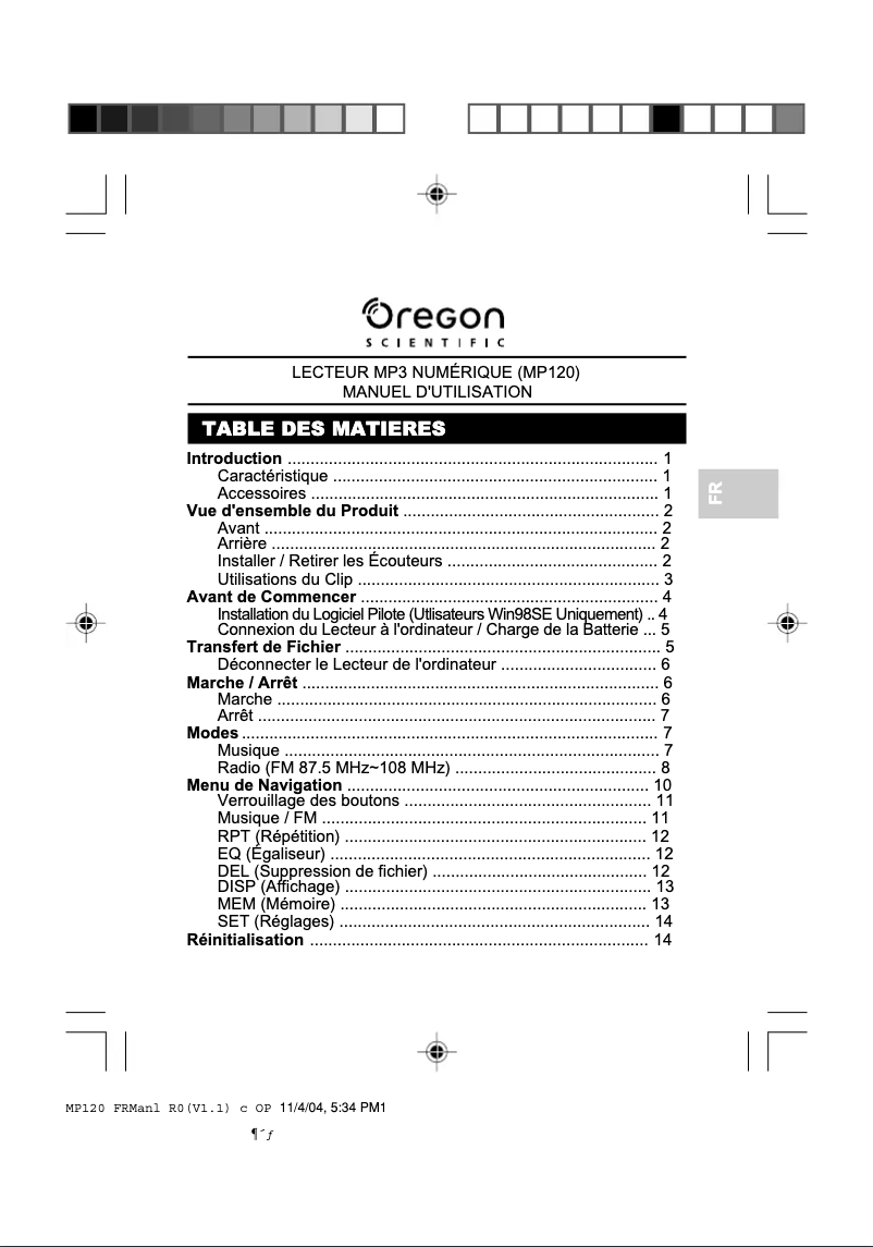 Page 1 de la notice Manuel utilisateur Oregon Scientific MP120