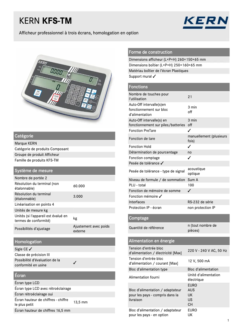 Page 1 de la notice Fiche technique Kern KFS-TM