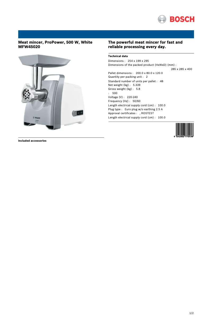Page 1 de la notice Fiche technique Bosch MFW45020