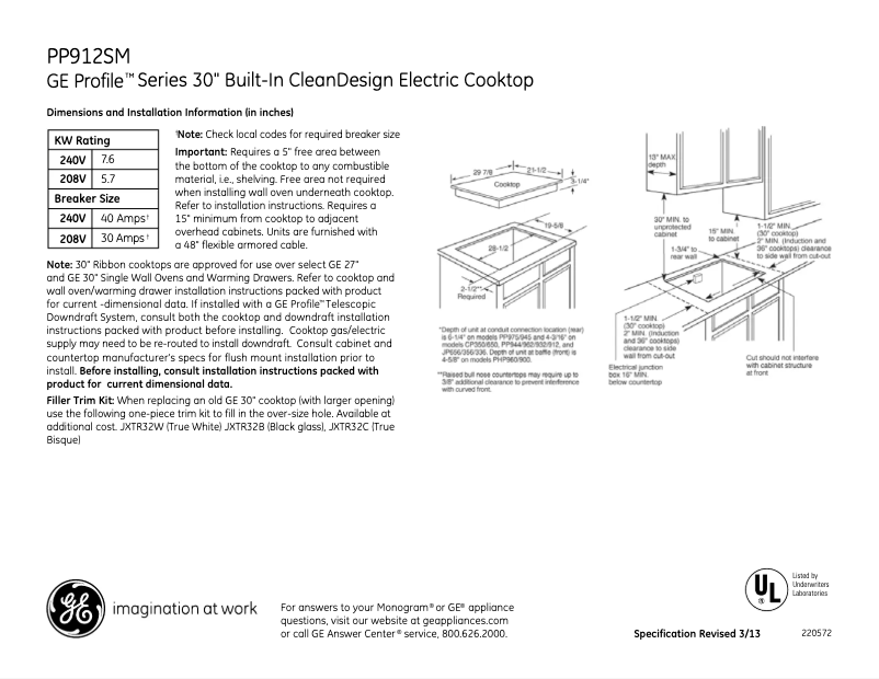 Page n°1 - Fiche technique GE Profile PP912SMSS