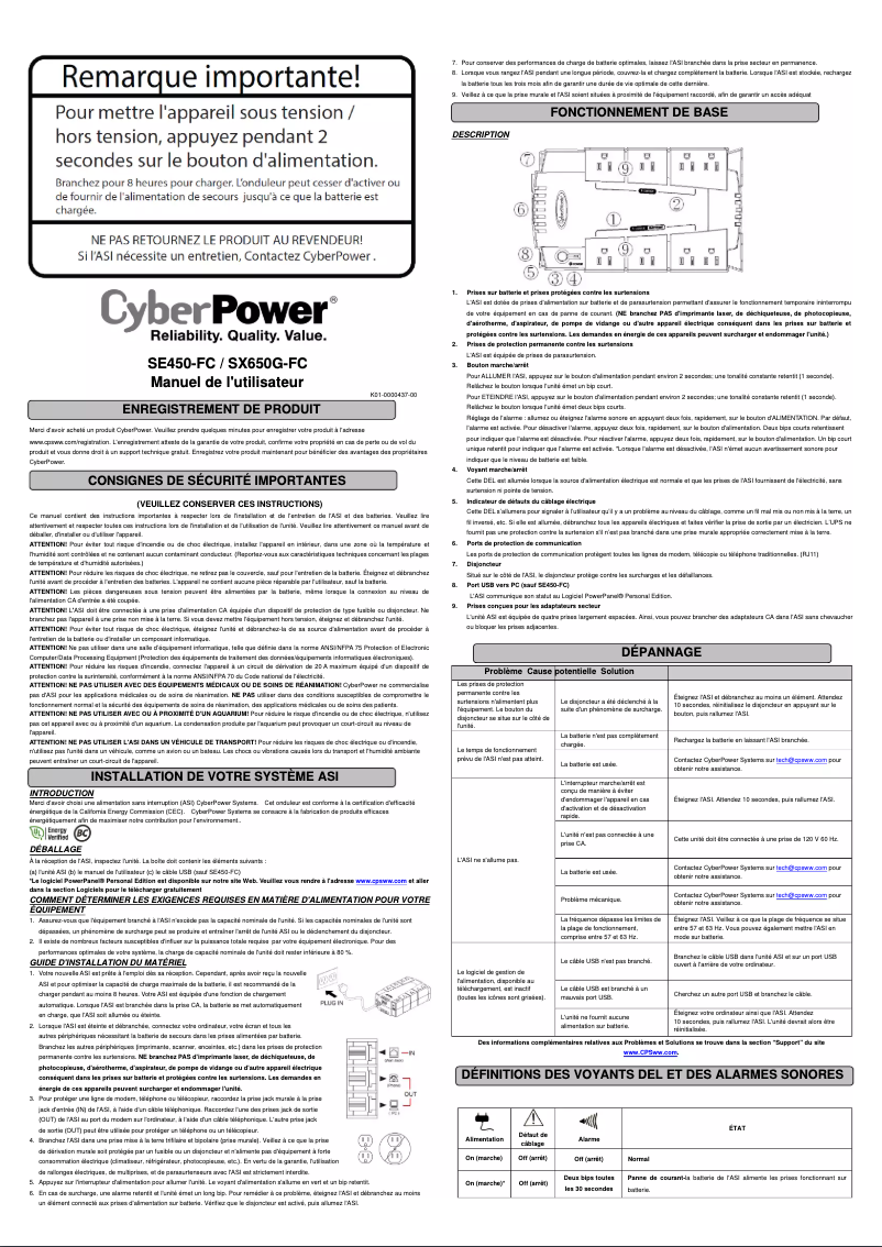 Page 1 de la notice Manuel utilisateur CyberPower SE450G-FC