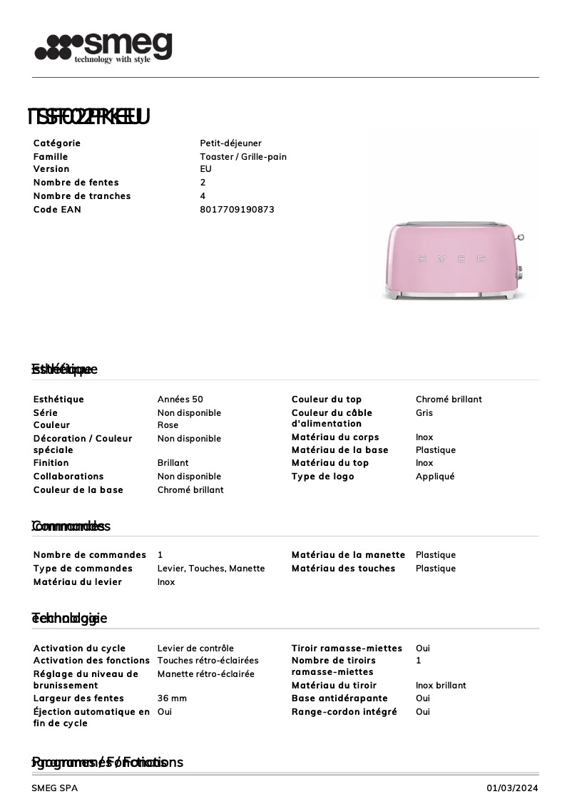 Page n°1 - Fiche technique Smeg TSF02