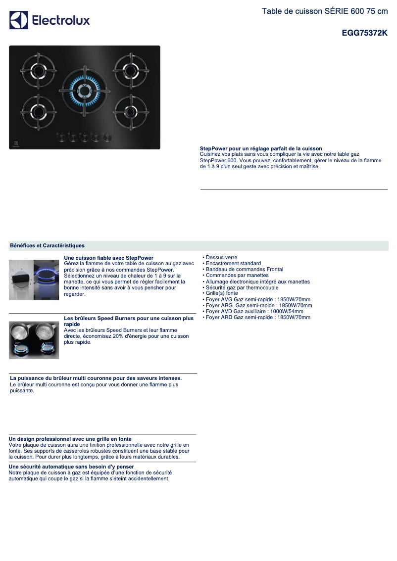 Page 1 de la notice Fiche technique Electrolux EGG75372K