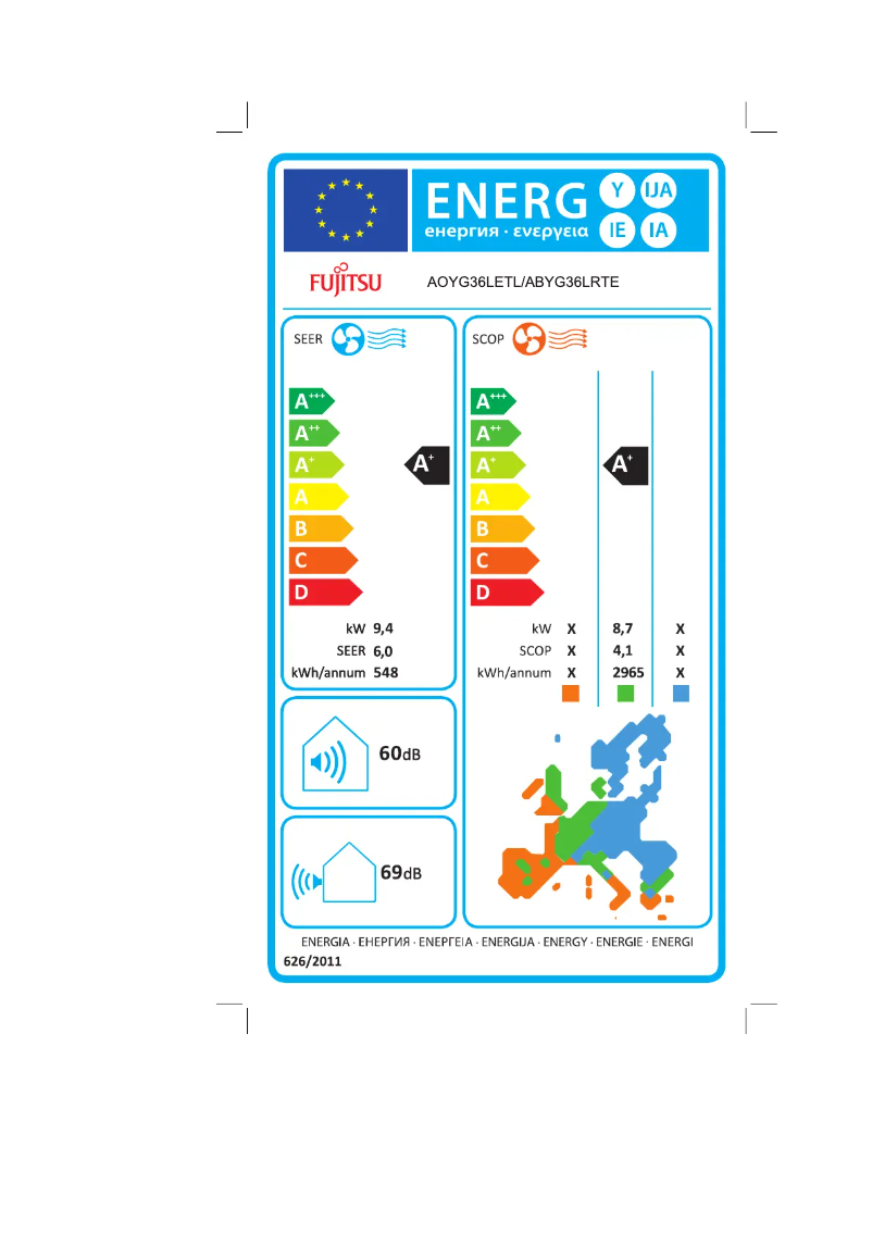 Page 1 de la notice Label énergétique Fujitsu ABYG36LRTE