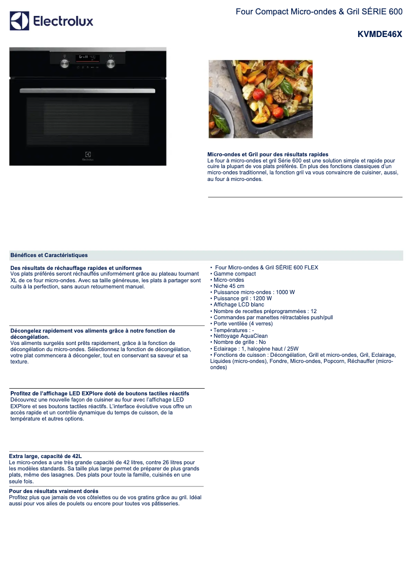 Page 1 de la notice Fiche technique Electrolux KVMDE46X