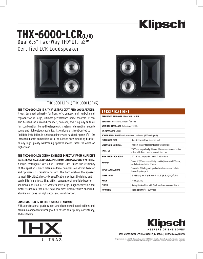 Page 1 de la notice Fiche technique Klipsch THX-6000-LCR-L
