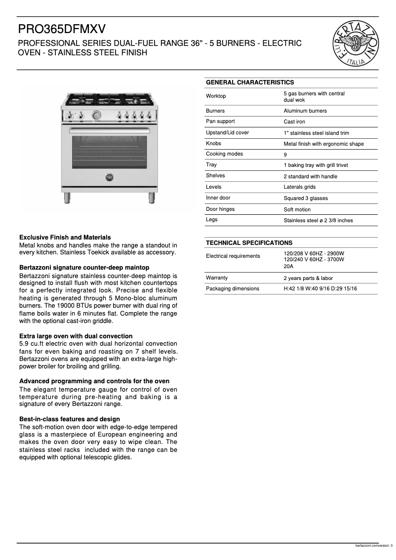 Page 1 de la notice Fiche technique Bertazzoni PRO365DFMXV