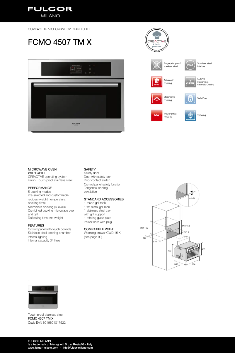 Page 1 de la notice Fiche technique Fulgor Milano FCMO 4507 TM BK