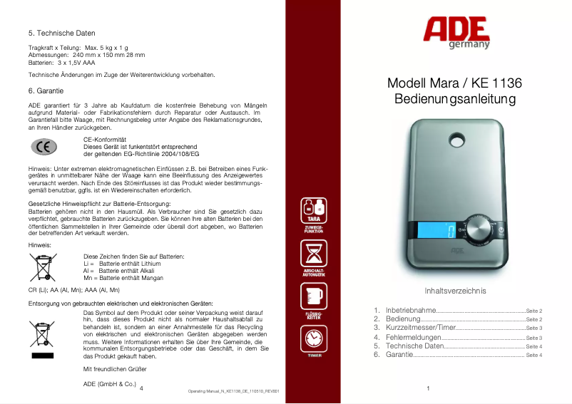 Page 1 de la notice Manuel utilisateur ADE Mara KE 1138