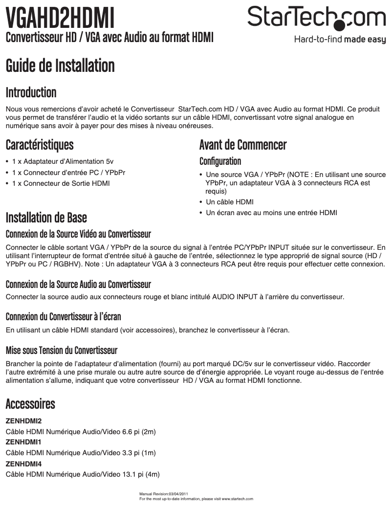Page n°1 - Manuel utilisateur StarTech.com VGAHD2HDMI