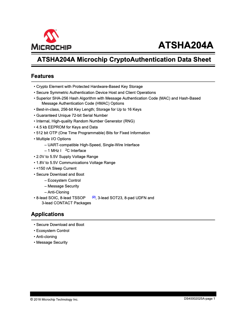 Page 1 de la notice Fiche technique Microchip ATSHA204A