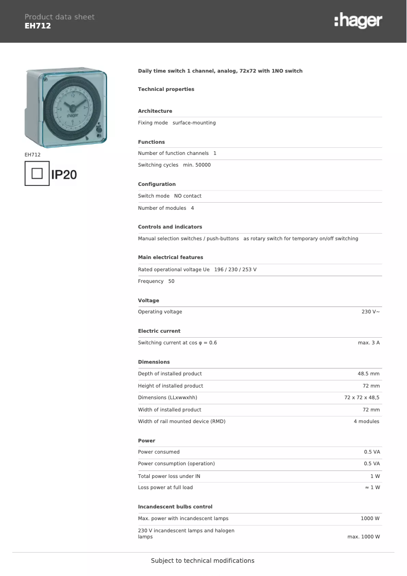 Page 1 de la notice Fiche technique Hager EH712