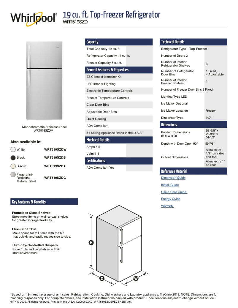 Page 1 de la notice Fiche technique Whirlpool WRT519SZDW