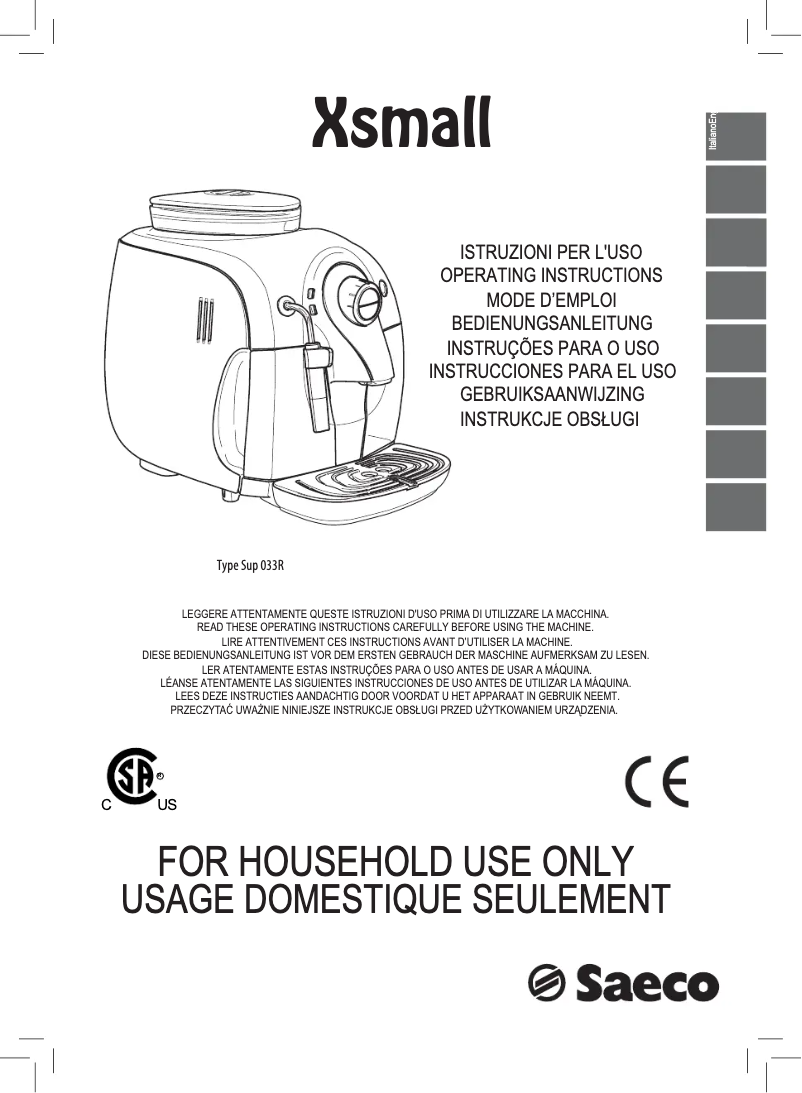 Page 1 de la notice Manuel utilisateur Philips Saeco Xsmall Steam