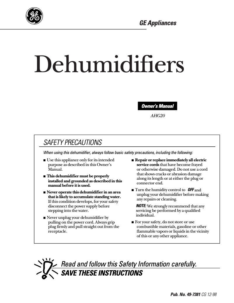 Page 1 de la notice Manuel utilisateur GE Profile AHG20LA