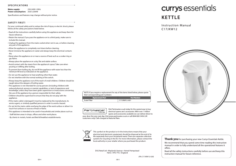 Page n°1 - Manuel utilisateur Currys Essentials C17JKW12