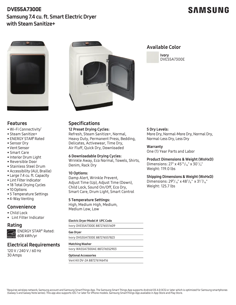 Page 1 de la notice Fiche technique Samsung DVE55A7300E