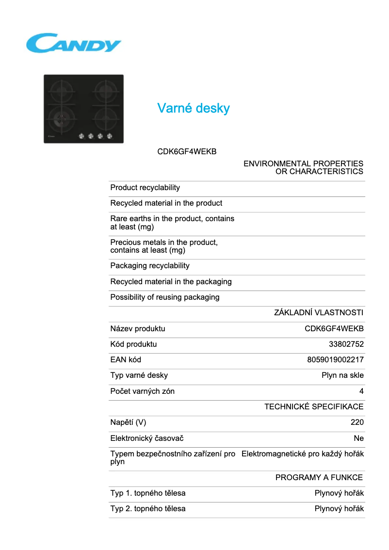 Page n°1 - Fiche technique Candy CDK6GF4WEKB