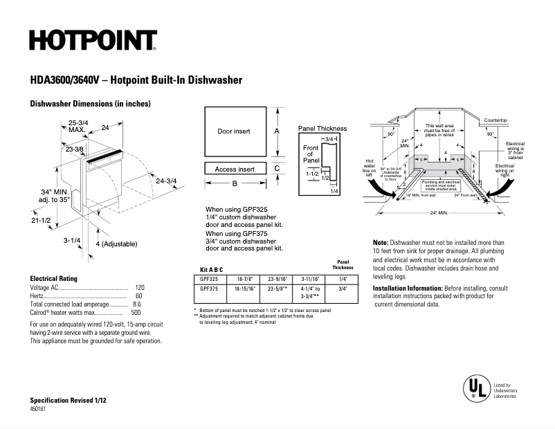 Page 1 de la notice Fiche technique Hotpoint HDA3600VBB