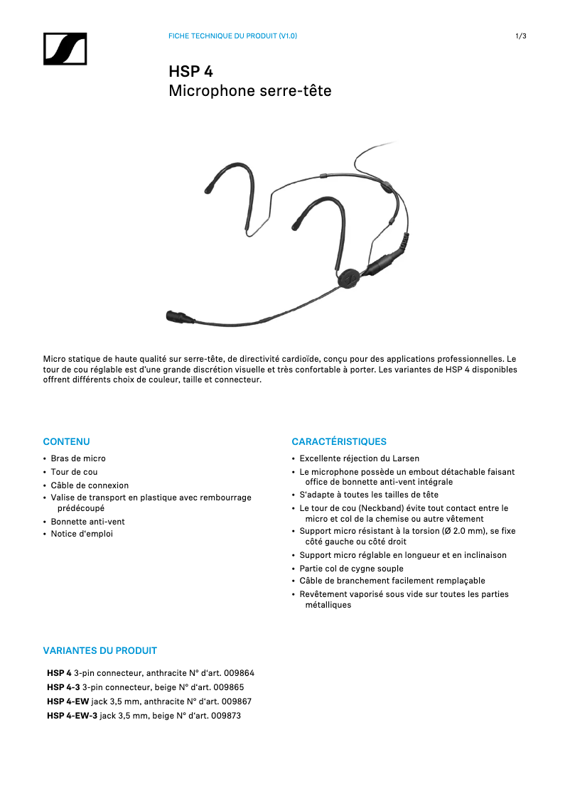 Page 1 de la notice Fiche technique Sennheiser HSP 4