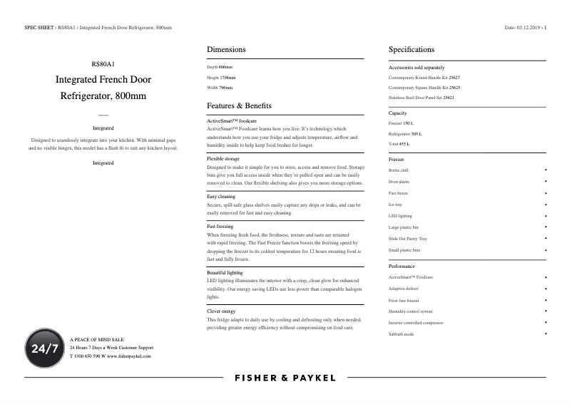 Page n°1 - Fiche technique Fisher & Paykel RS80A1