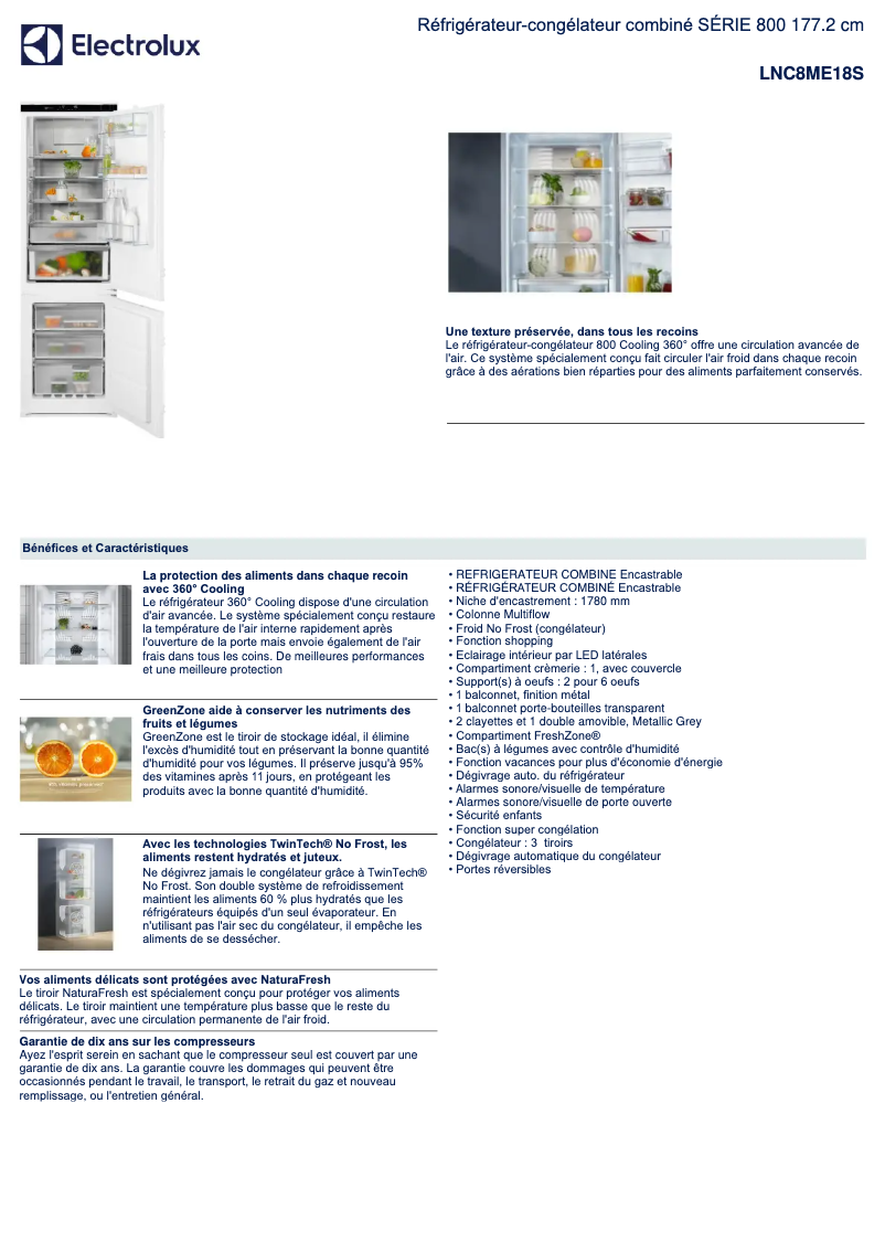 Page 1 de la notice Fiche technique Electrolux LNC8ME18S