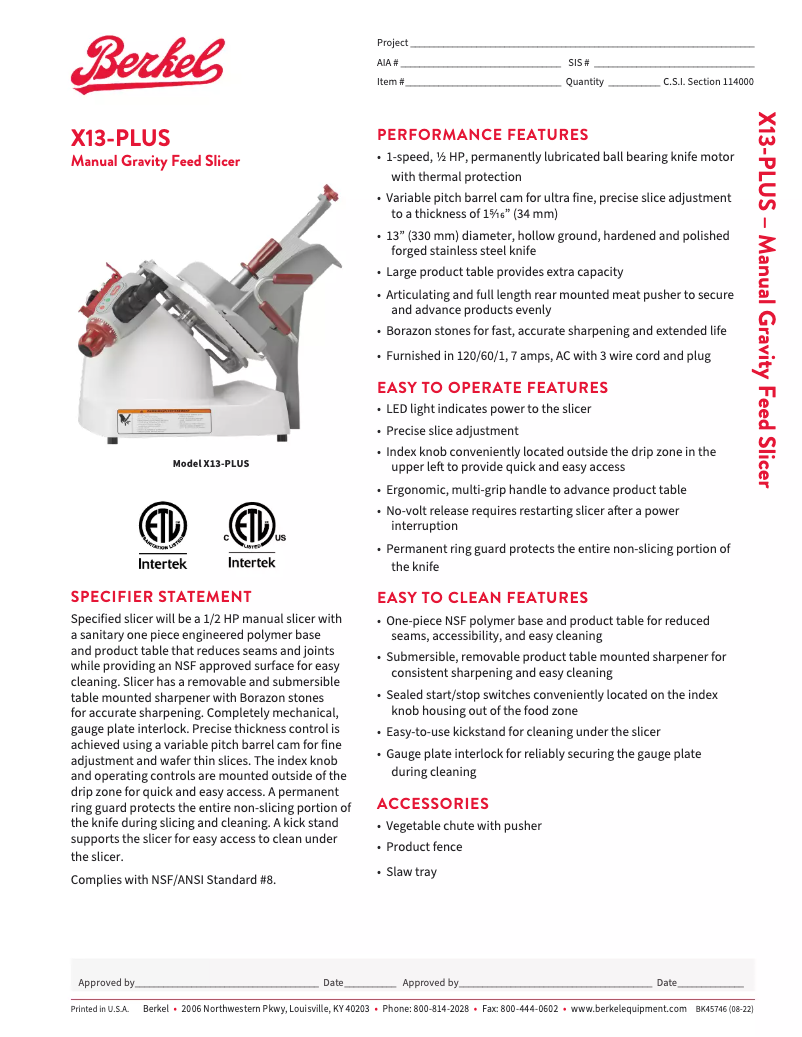 Page 1 de la notice Fiche technique Berkel X13-PLUS