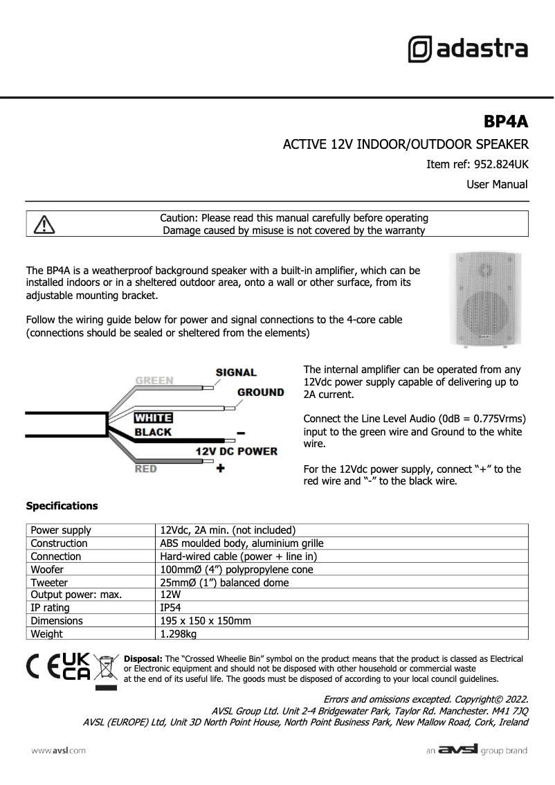 Page 1 de la notice Manuel utilisateur Adastra BP4A