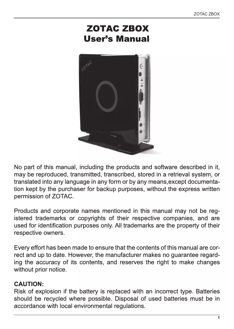 Page 1 de la notice Manuel utilisateur Zotac ZBOX MA760 PLUS