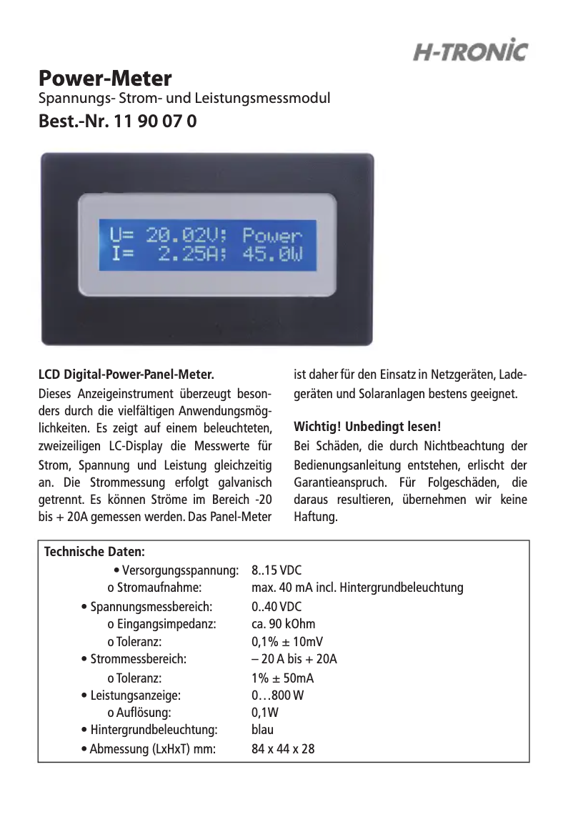 Page 1 de la notice Manuel utilisateur H-Tronic PM 4020