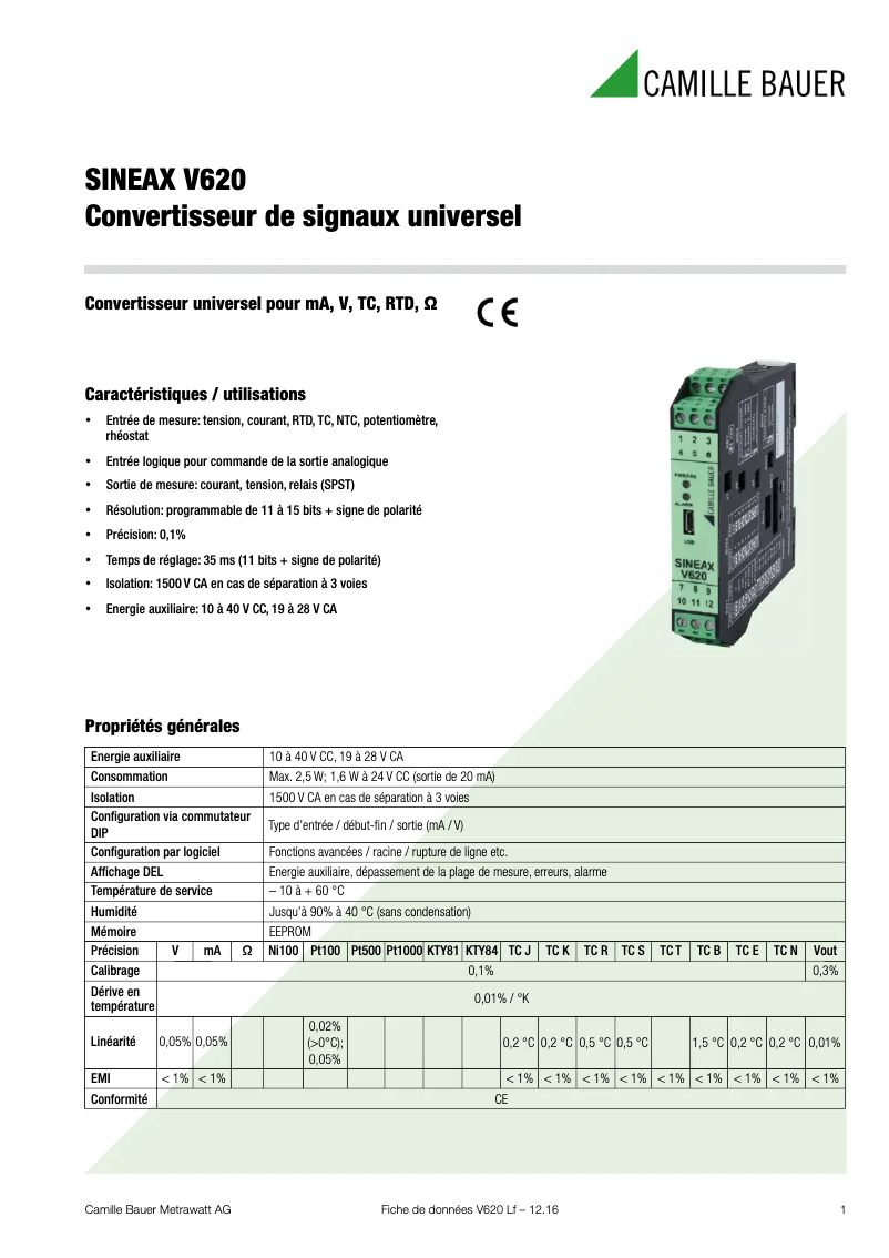 Page 1 de la notice Fiche technique Camille Bauer SINEAX V620